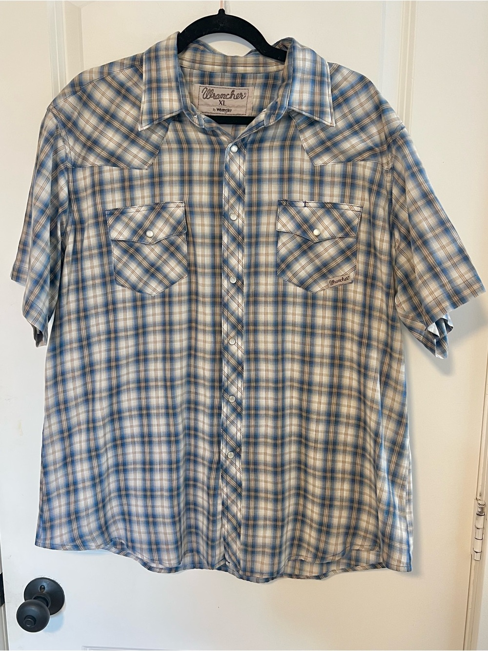 VNTG Wrancher by Wrangler Pearl Snap Short Sleeve Plaid Button Down Western